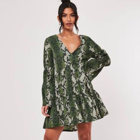 Missguided Green Snake Print Prairie Dress - Picture 1 of 8